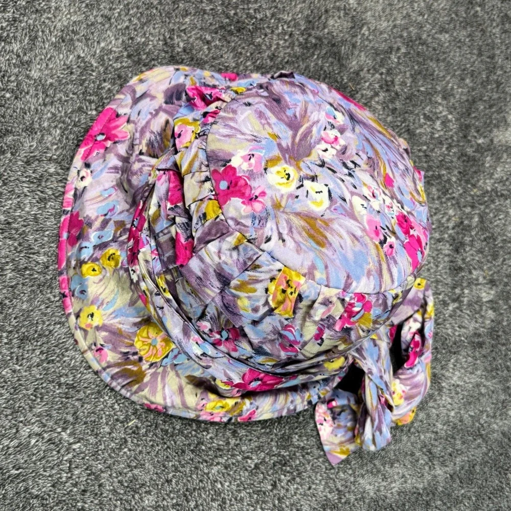 Vintage Floral Bucket Hat Purple Pink Yellow Pleated Sun Hat with Side Bow